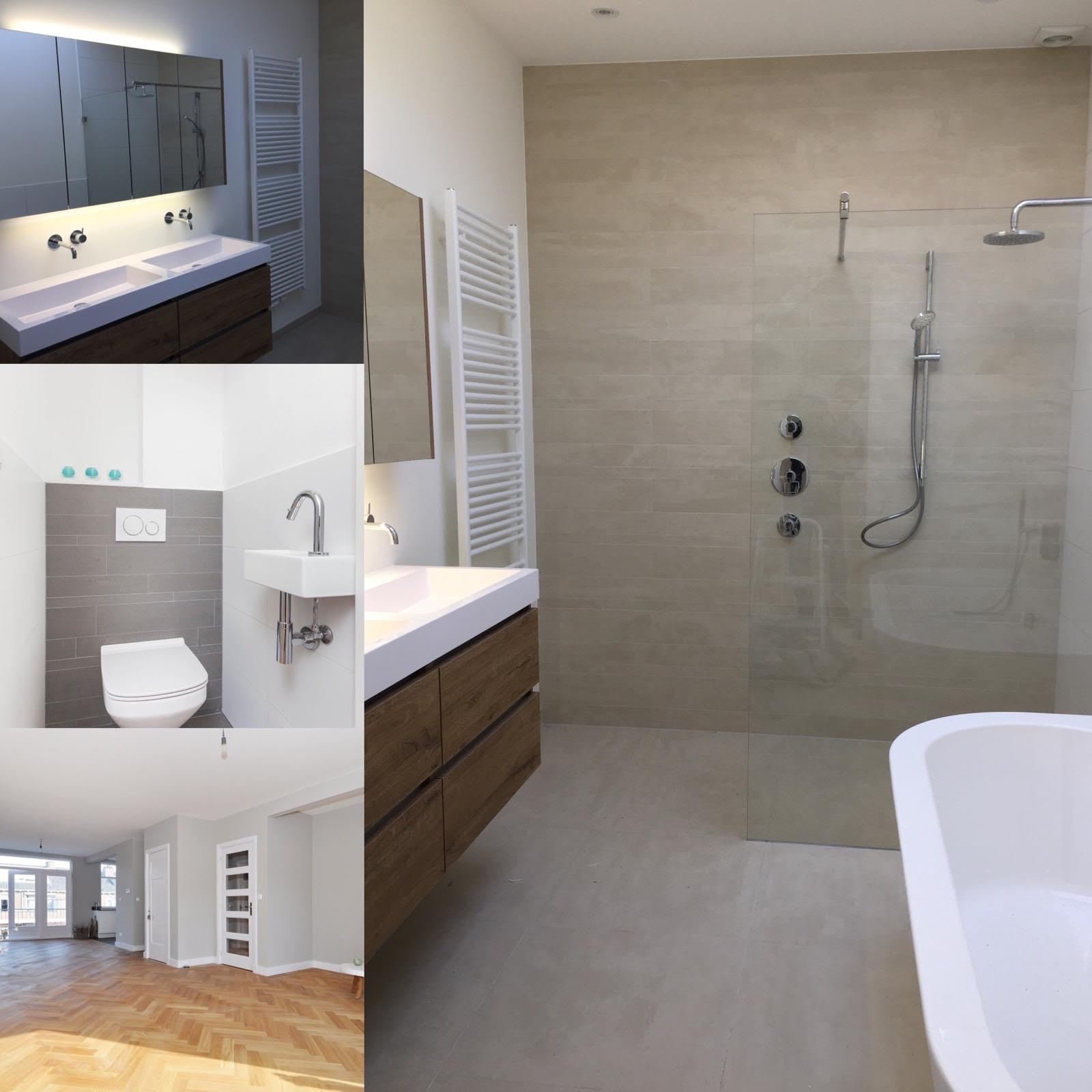 Overview of the bathroom with double vanity, toilet with hand basin and the renovated hallway