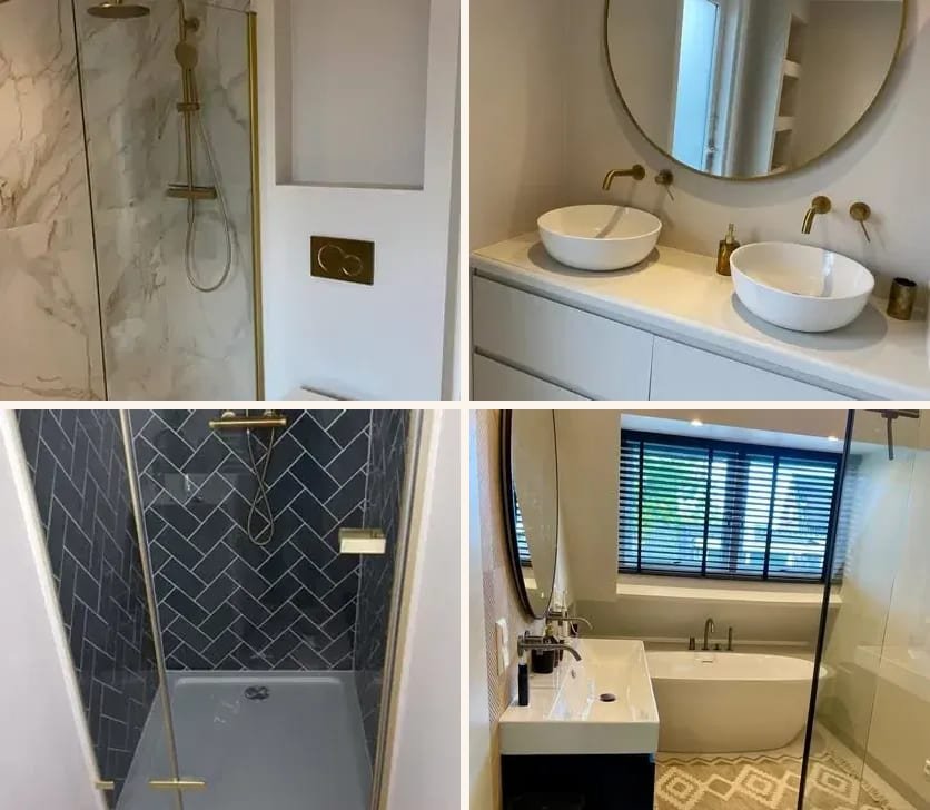 Four bathrooms: marble-look walk-in shower with brass rain shower, double vanity with round mirror, dark herringbone-tiled shower and a freestanding bath