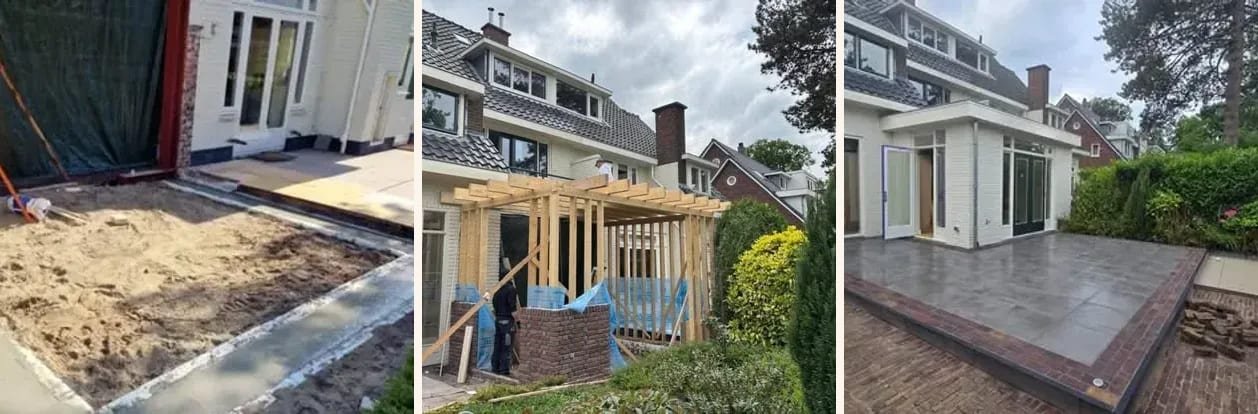 Three stages of a rear extension: the foundation in the sand, the timber frame and the finished white extension with a new terrace