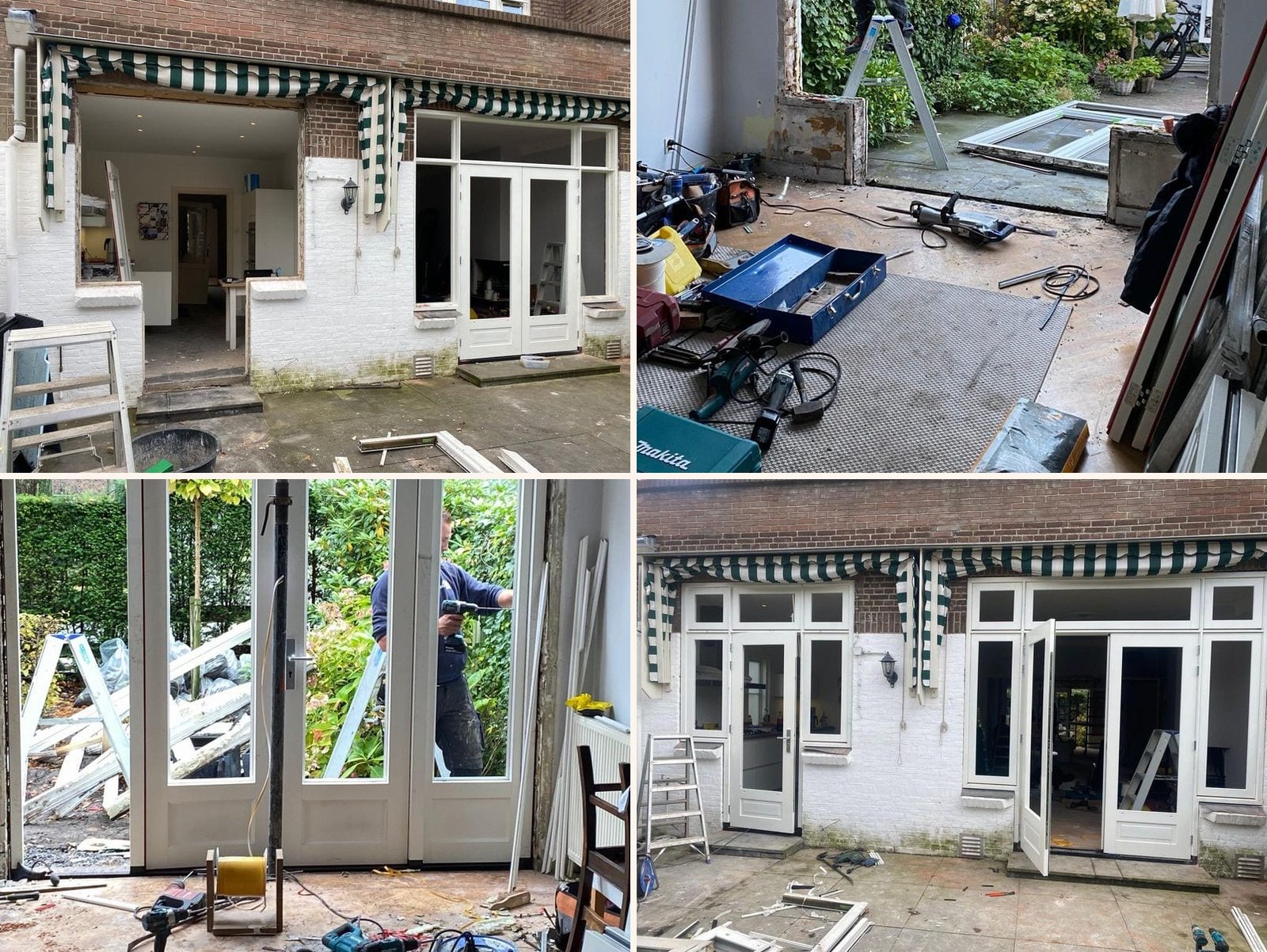 Four photos of a rear facade: the opening without frames, fitting the new frame, new garden doors from inside and the finished facade