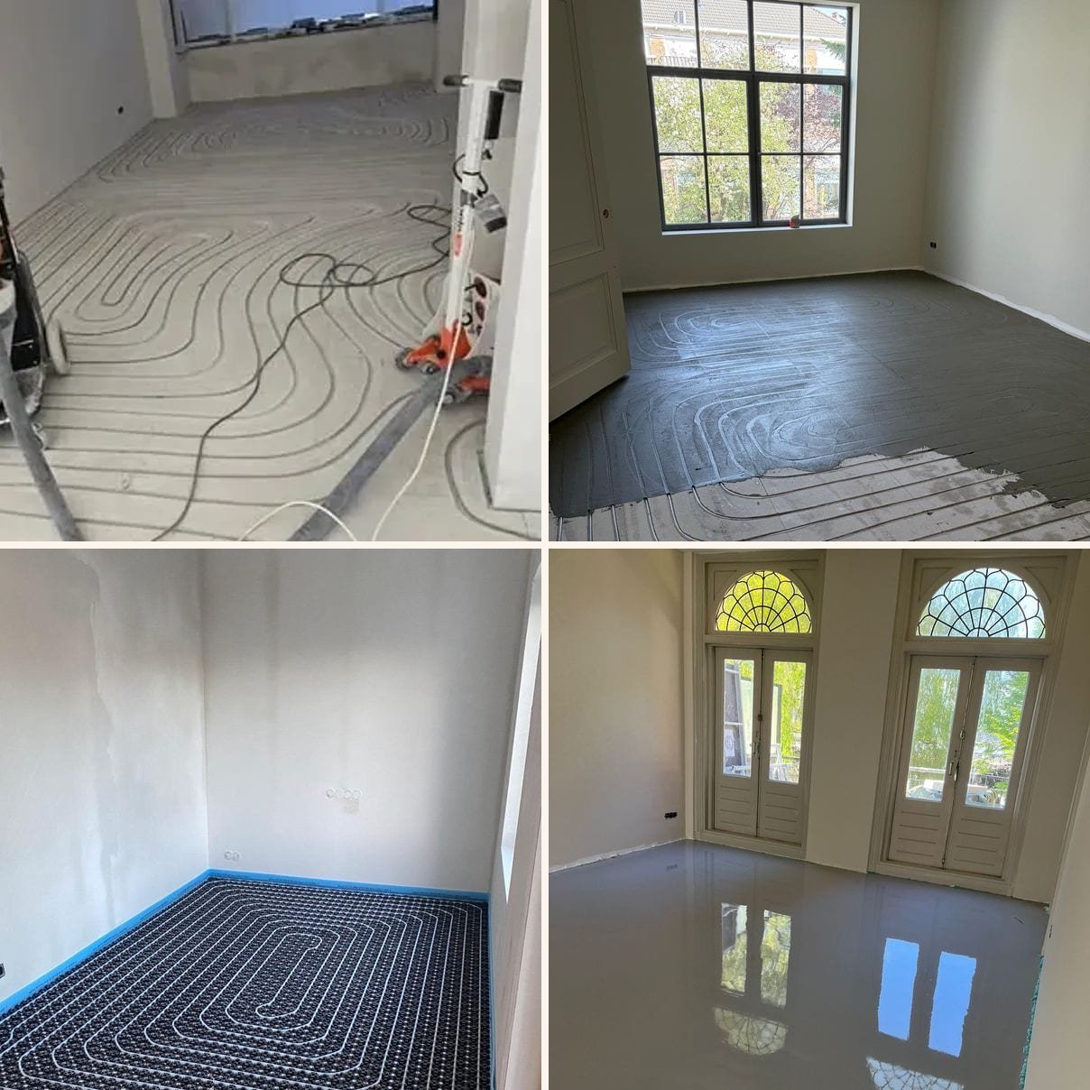 Four steps of underfloor heating: milling grooves, pipes in a milled floor, pipes on system panels and a freshly poured screed in a period room